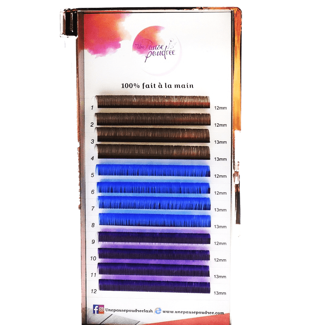 Cils de couleurs brun, bleu et mauve 0.07 D ou C 12 et 13 mm